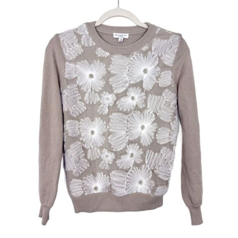 Current Air Sweater Womens Small Beige White 3D Floral Applique Beaded Pullover